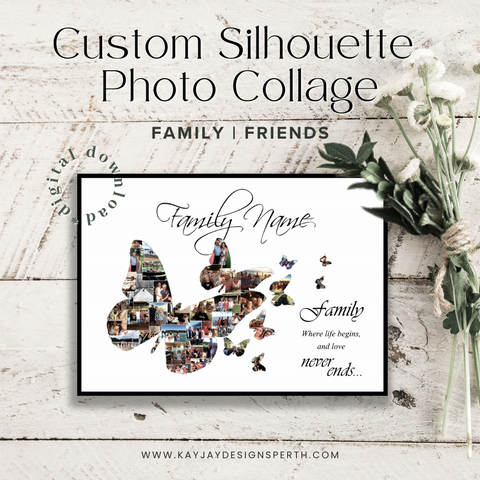 Family | Butterflies | Custom Digital Collage Silhouette | Personalized Gift | Photo Memories Art | Unique Wall Decor