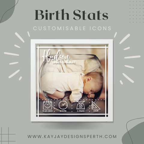 Custom Birth Printed Portrait with Statistic Icons | Unique Gift Ideas